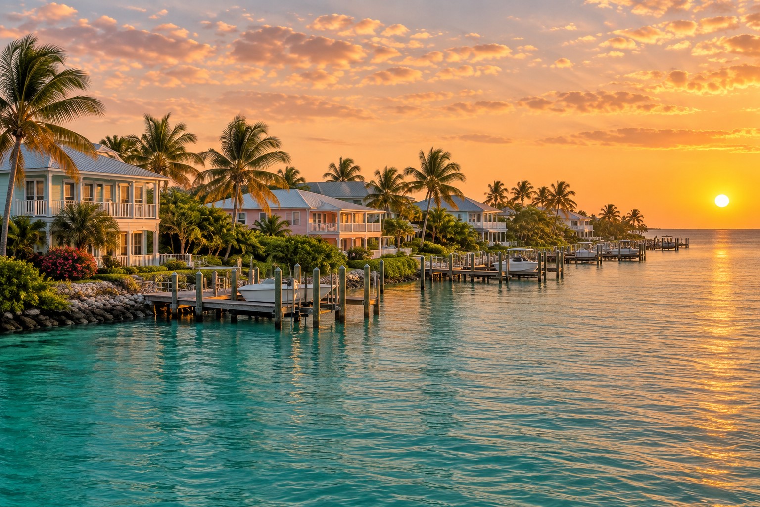 Anna Maria Island Florida waterfront homes at golden hour, illustrative
