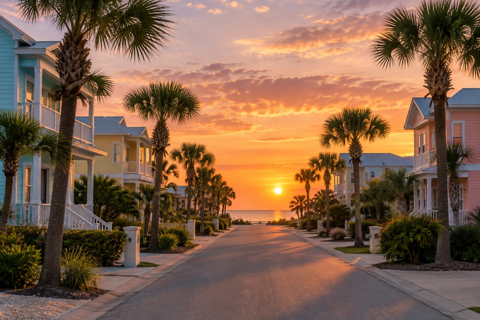 A Gulf Coast street at sunset, illustrative