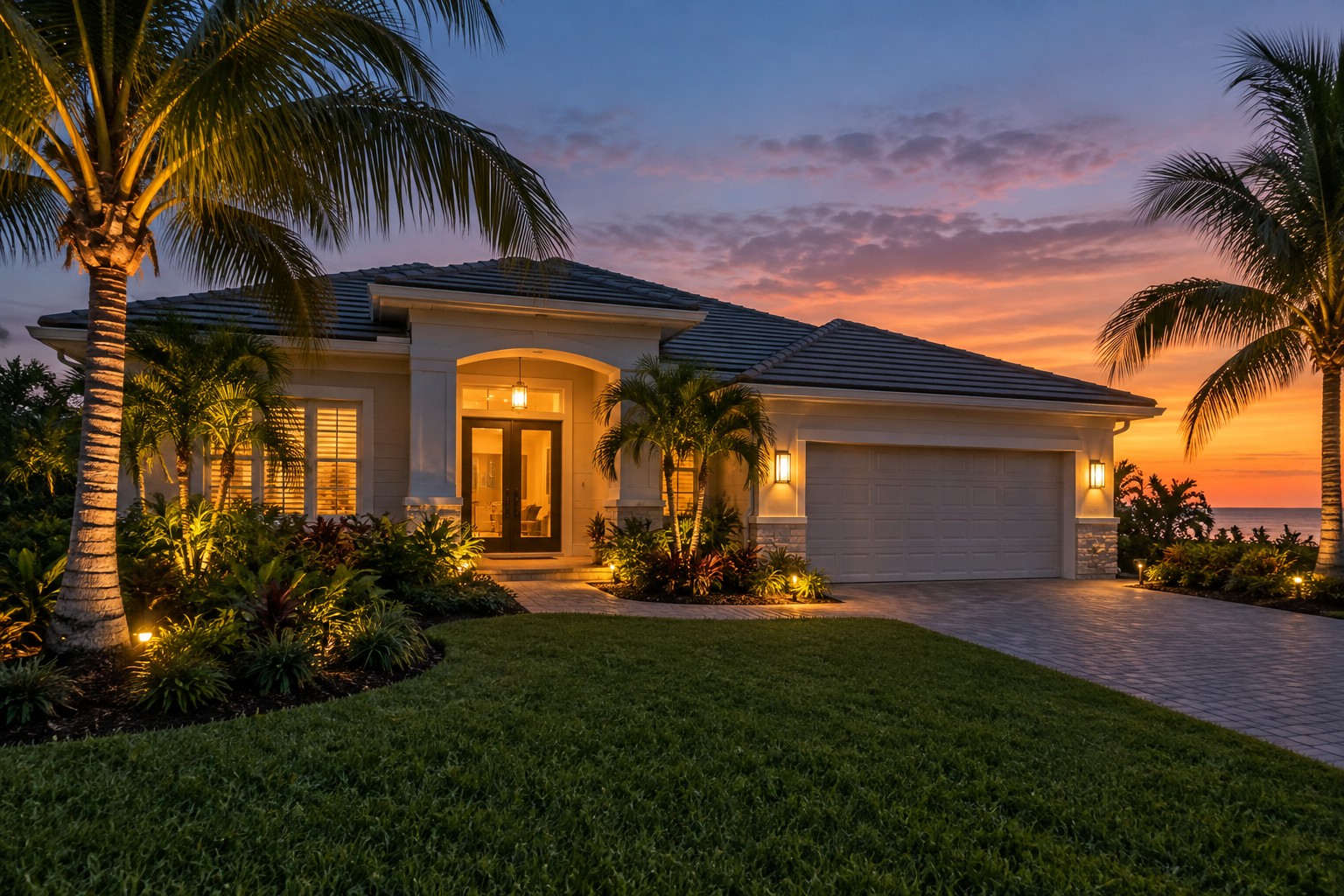 An Anna Maria Island home exterior at dusk, illustrative