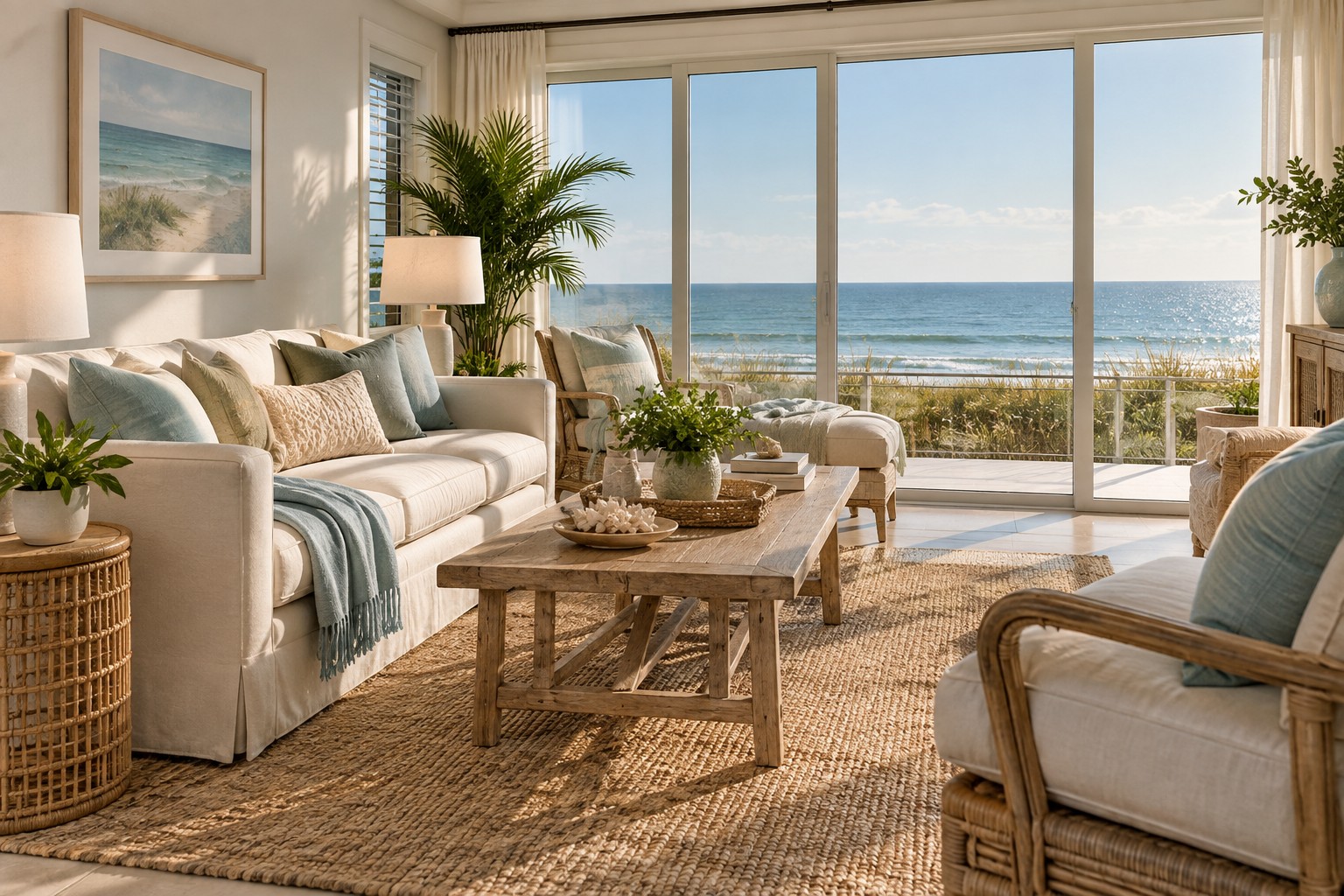 A cozy Anna Maria Island living room, illustrative
